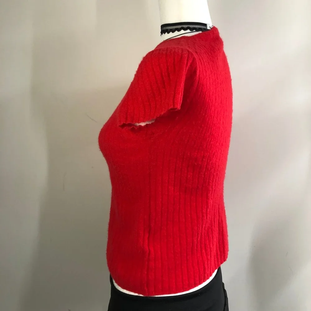 J Crew 100% Cashmere Short Sleeve Cherry Red Sweater Womens S Ribbed Crewneck